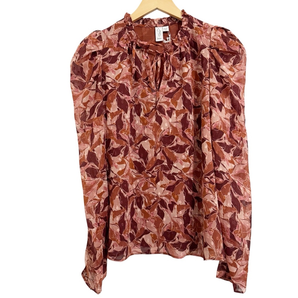 JOIE Printed Botanical Tie Ruffle Neck Long Sleeve Blouse NWT Medium